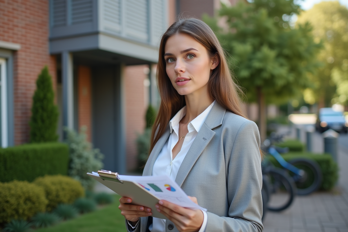 Jeune femme vérifiant un graphique de location devant immeuble