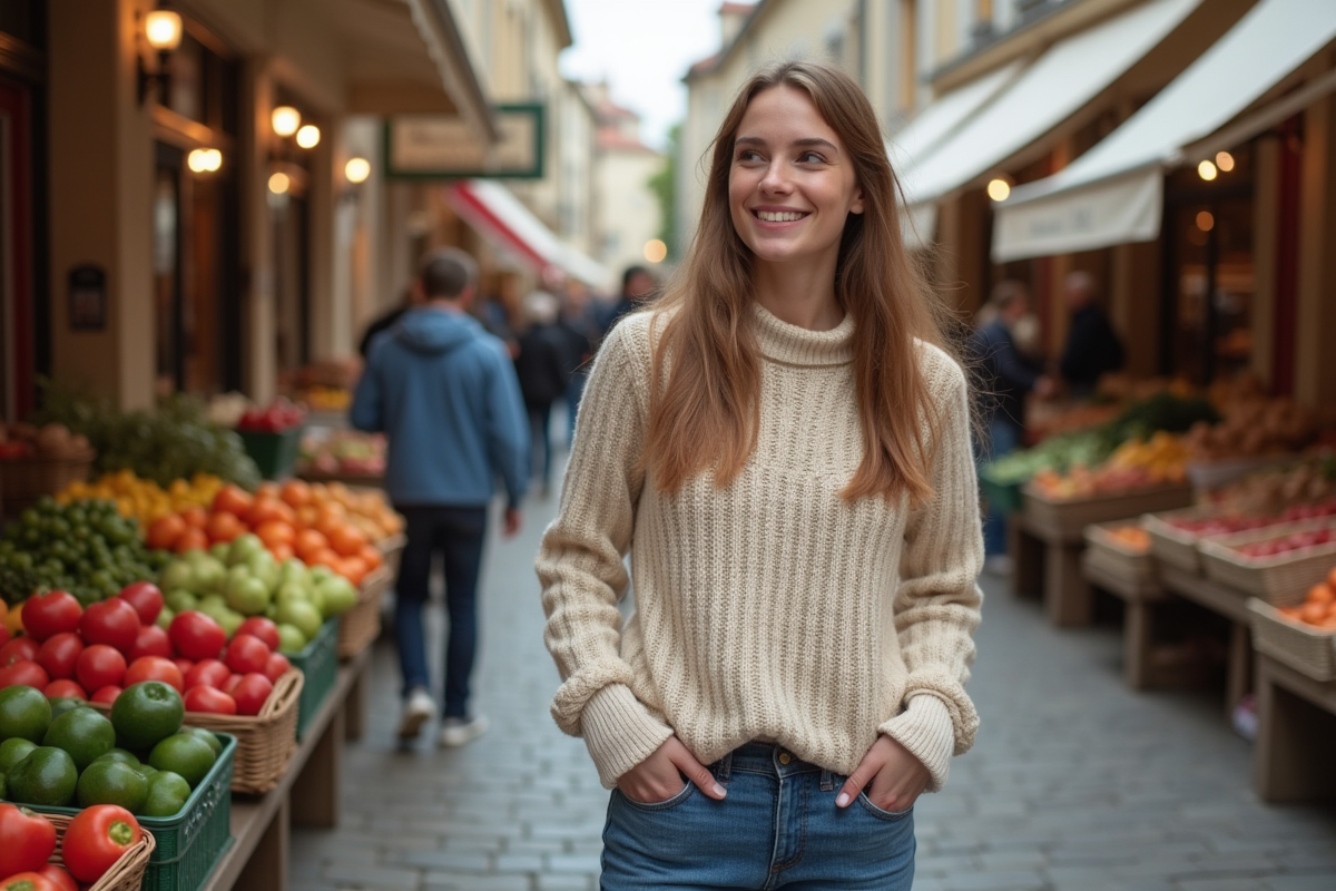 Jeune femme souriante achetant des produits frais au marché