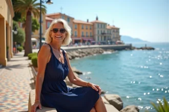 Femme souriante en robe d'été sur un banc face à la mer