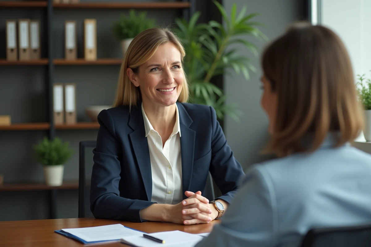 Femme en blazer négociant avec un conseiller bancaire au bureau