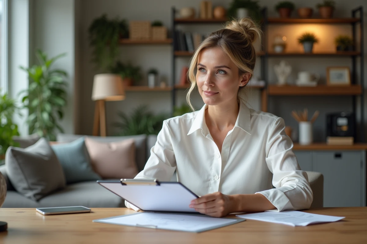 Femme d'âge moyen avec documents fiscaux dans une cuisine moderne