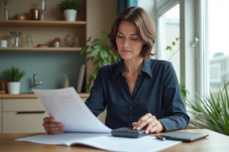 Femme examinant des documents immobiliers dans un appartement moderne