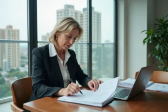 Femme professionnelle examine des documents dans un appartement moderne