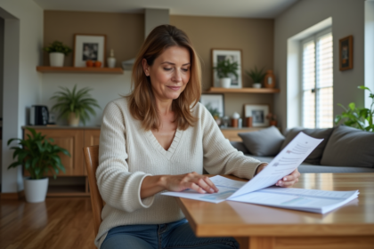 Femme d'âge moyen examine des brochures d'assurance à la maison