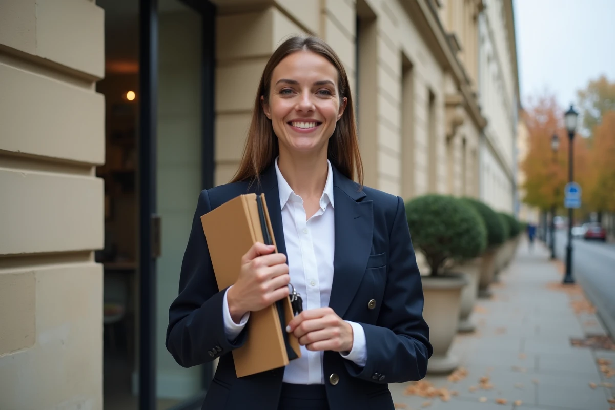 Femme salariée tenant ses clés devant un immeuble résidentiel après avoir bénéficié de l'aide au logement AL ni d'Action Logement