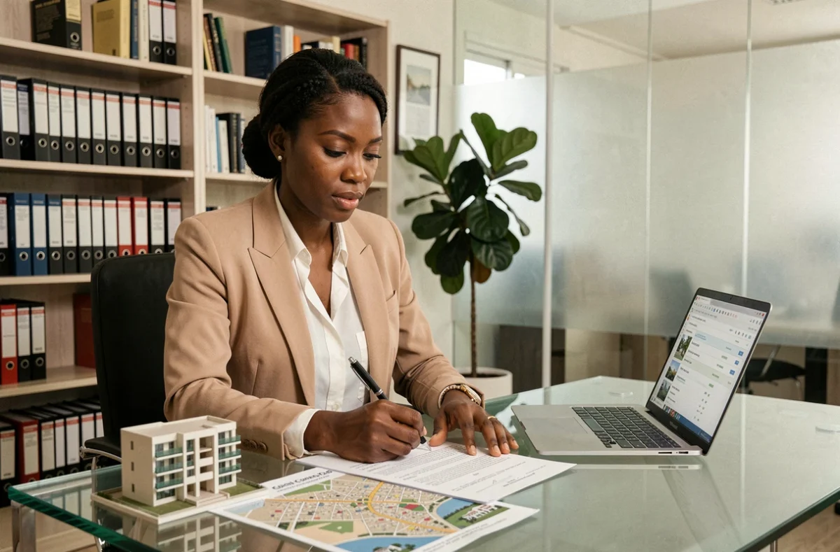 Femme sénégalaise signant un contrat d'achat d'appartement à Dakar dans un bureau immobilier professionnel
