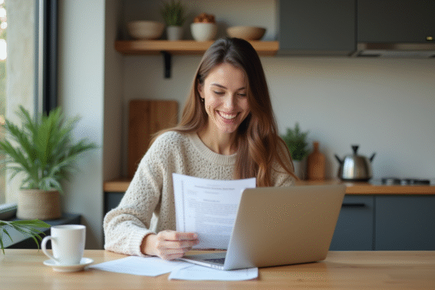 Femme souriante vérifiant ses documents d'assurance à la maison