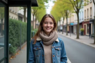 Jeune femme souriante à un arrêt de tram en Île-de-France