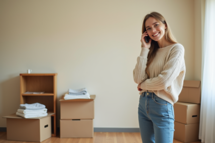 Jeune femme au téléphone dans un salon en déménagement