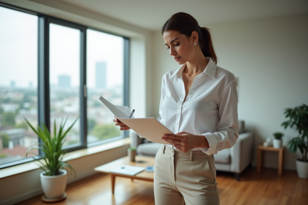 Femme en blouse blanche dans un appartement moderne