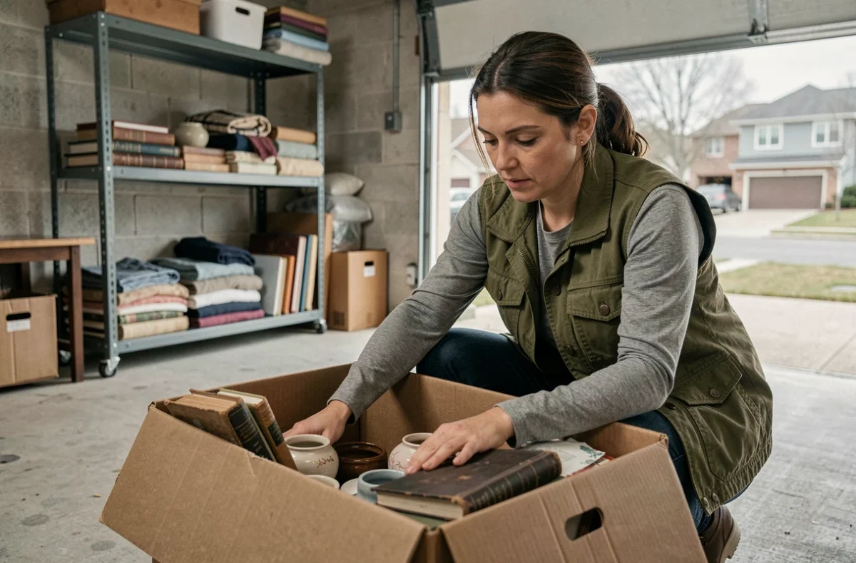 Femme triant le contenu d'un box de stockage acheté aux enchères, examinant des objets vintage dans un espace de stockage