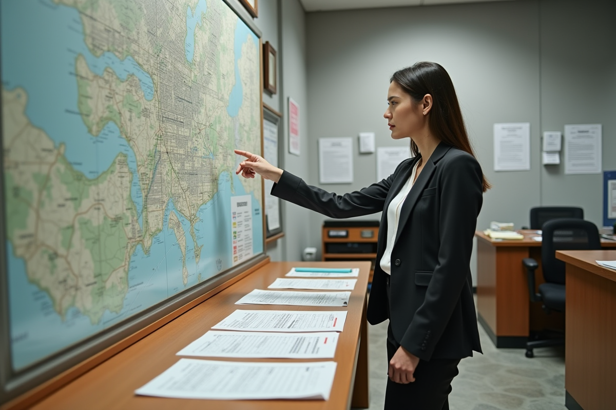 Jeune femme en bureau municipal consulte des documents et une carte