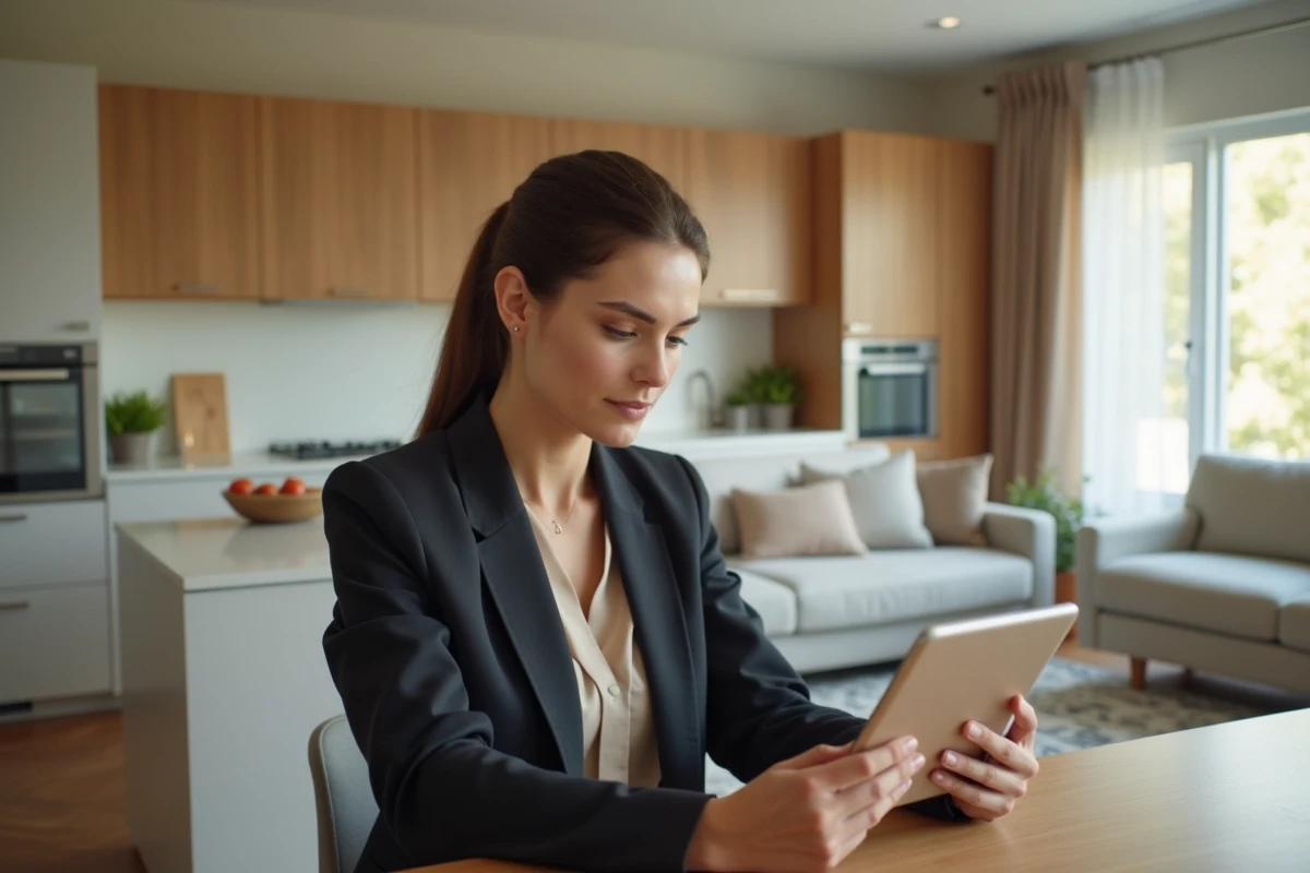 Jeune femme en blazer explore une visite virtuelle de maison