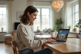 Femme en sweater explore une visite virtuelle de maison