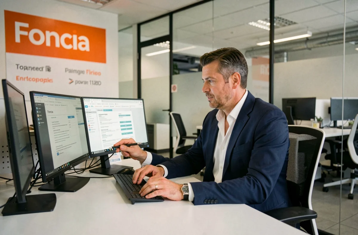 Gestionnaire de copropriété Foncia dans une agence des Yvelines, consultant des dossiers sur écran dans un bureau moderne aux couleurs de l'enseigne