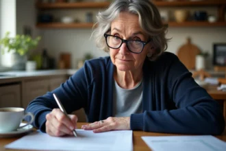 Femme remplissant le formulaire administratif 3233-SD seule à la maison sans notaire