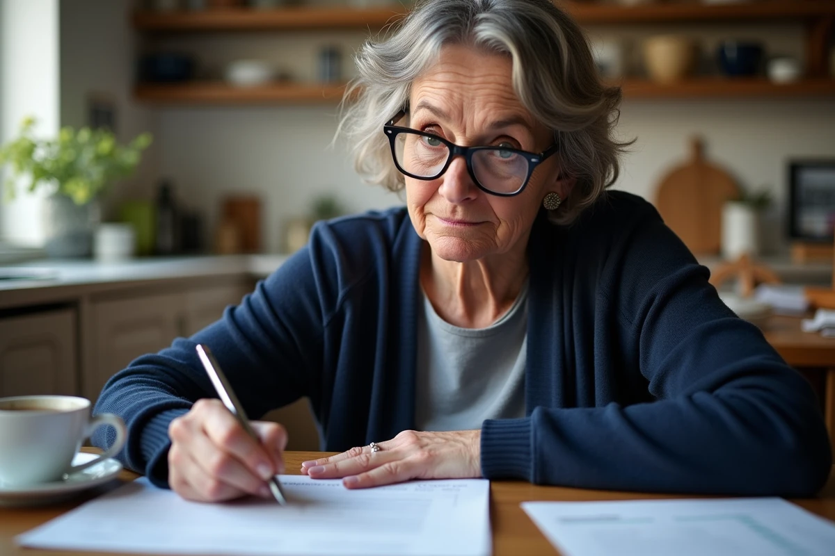 Femme remplissant le formulaire administratif 3233-SD seule à la maison sans notaire