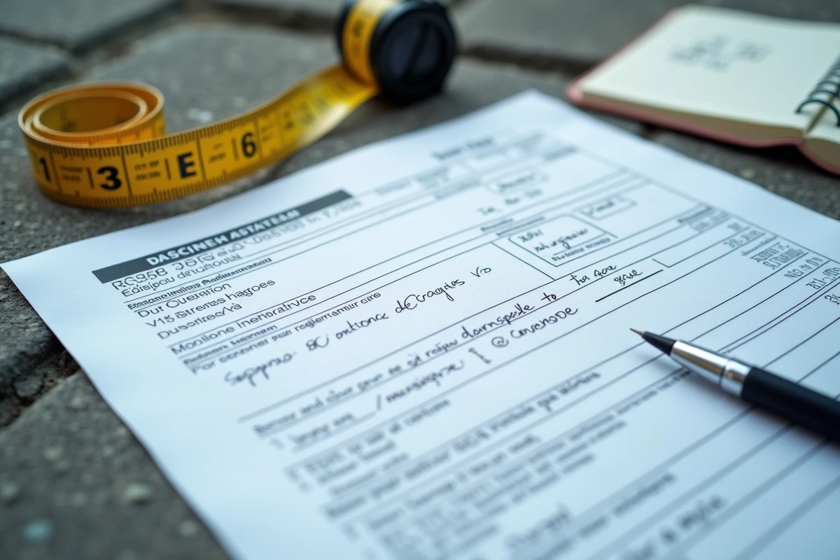 Formulaire de déclaration fiscale et mètre ruban posés sur une terrasse en béton pour calcul de surface imposable