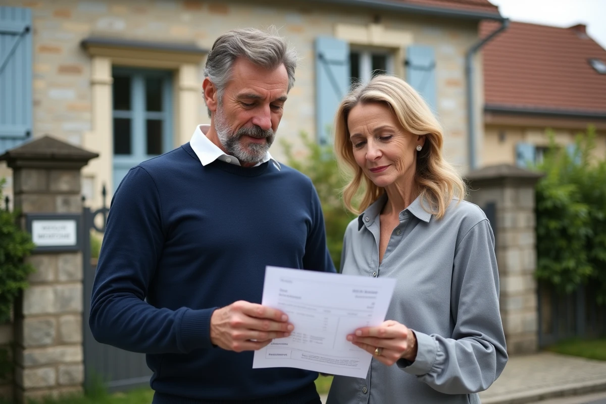 Frère et sœur devant une maison familiale discutant du rachat de parts en indivision