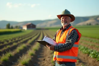 Homme géomètre dans un champ cultivé avec un clipboard
