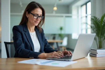 Femme gestionnaire de copropriété consultant un tableau de bord Foncia sur son ordinateur portable dans un bureau professionnel