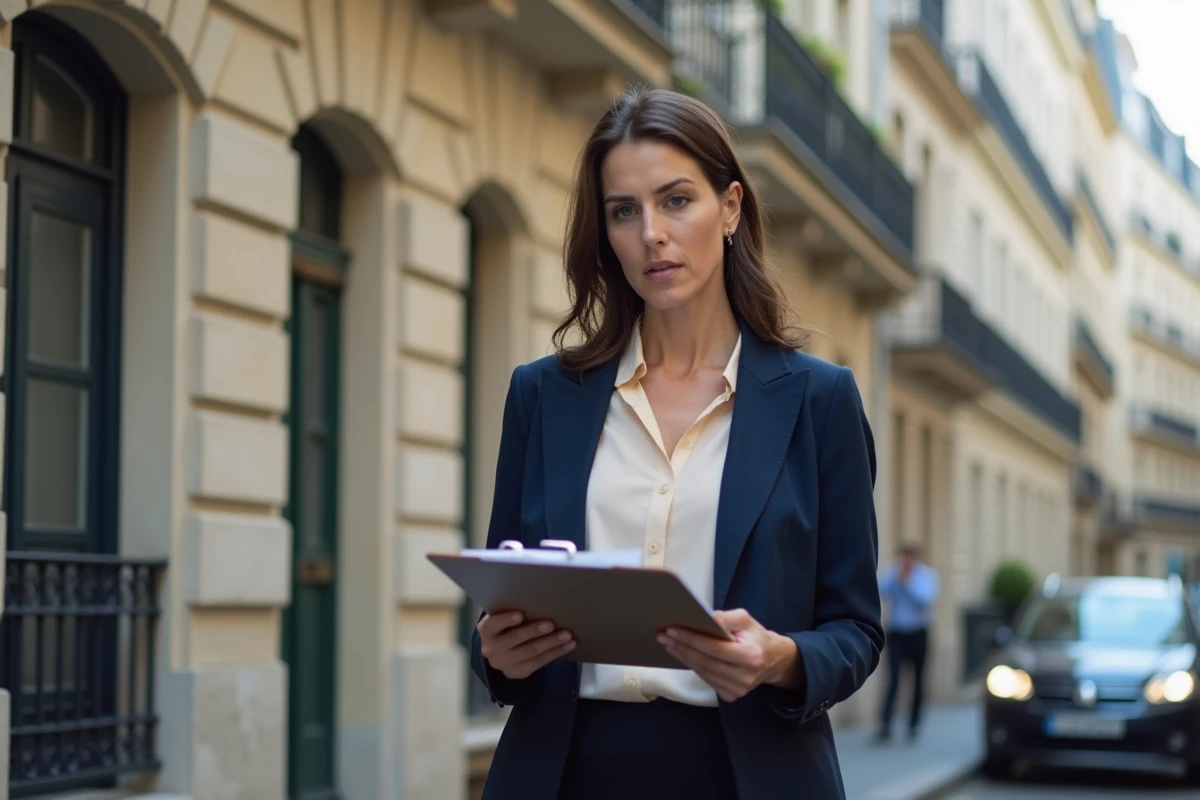 Gestionnaire immobilière consultant des documents fiscaux devant un immeuble de location meublée à Paris