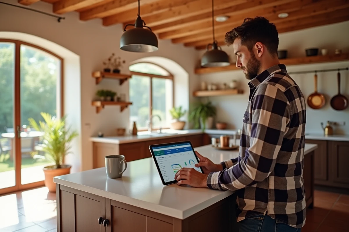 Propriétaire de gîte consultant un tableau de bord de réservation sur tablette dans une cuisine de ferme rénovée