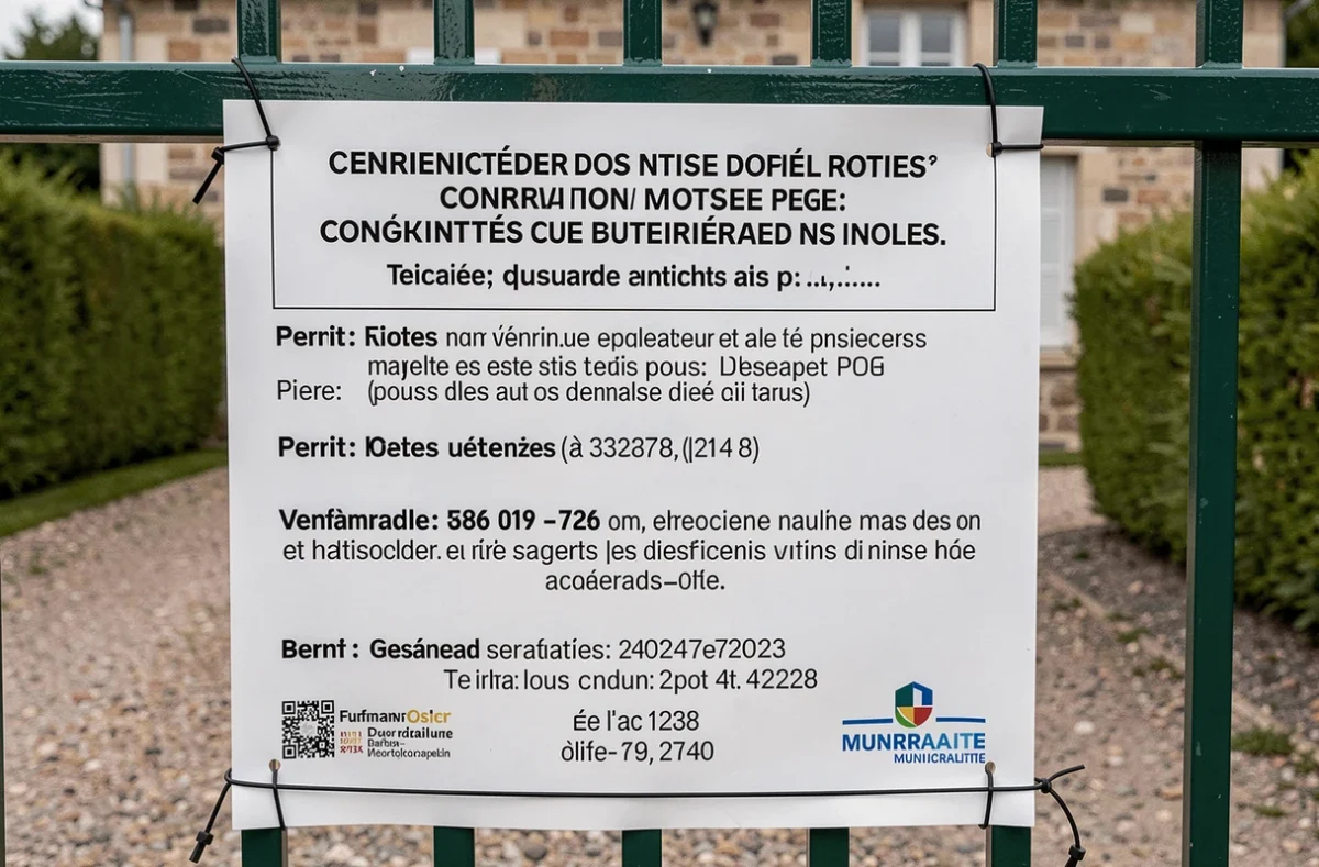 Gros plan sur un panneau administratif de déclaration préalable de travaux avec texte lisible et références officielles