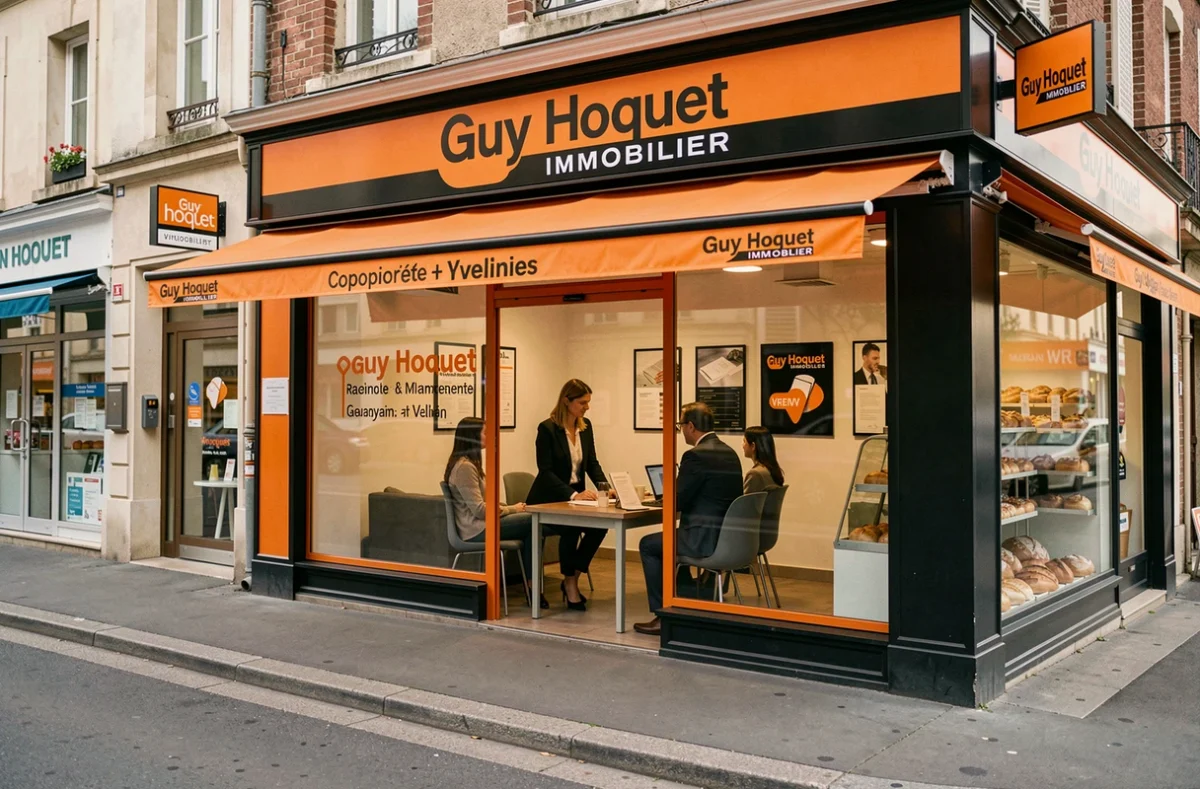 Agence Guy Hoquet Immobilier dans les Yvelines avec sa devanture orange et noire distinctive, une conseillère assistant des copropriétaires visibles depuis la vitrine
