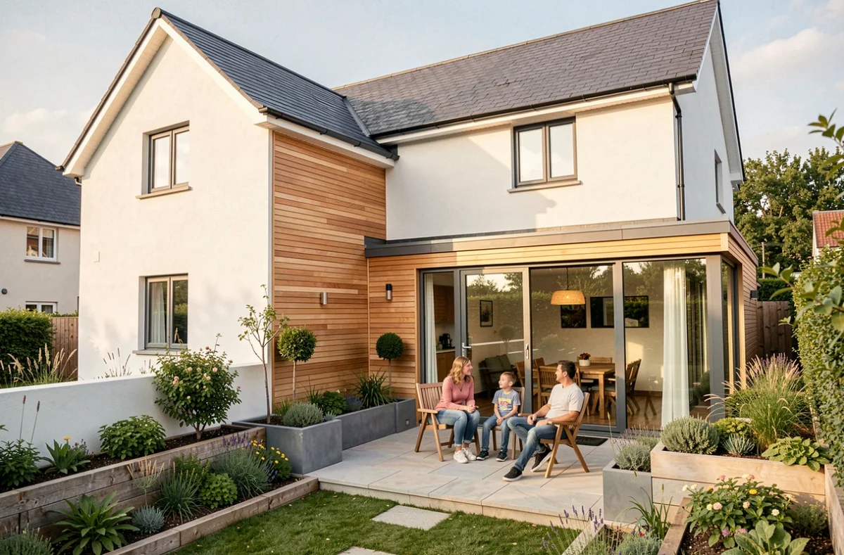 Famille sur la terrasse d'une maison neuve Habitat Plus avec véranda vitrée, bardage bois et jardin aménagé dans la Sarthe