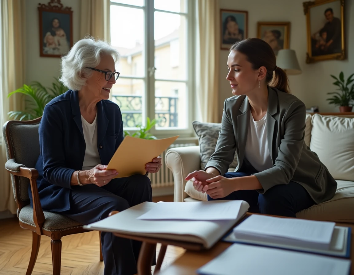 Une héritière et une aînée examinent des documents viagers dans un appartement français, illustrant les démarches après un décès en viager