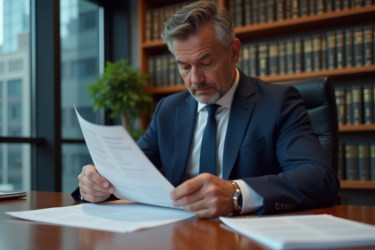 Homme d'affaires en costume bleu examinant des papiers dans un bureau moderne