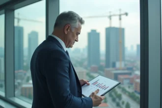 Homme d'affaires en costume bleu analysant des graphiques