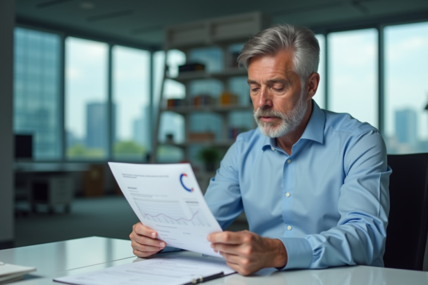 Homme d'affaires lisant un rapport financier dans un bureau moderne