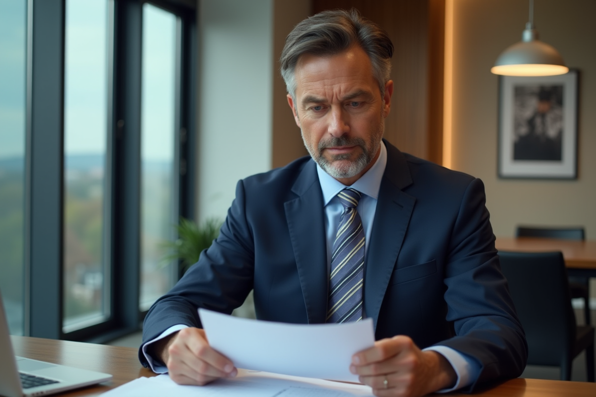 Homme d'affaires en costume navy dans un bureau moderne
