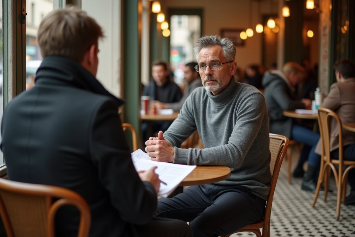 Homme discutant d'une annonce de location avec un agent immobilier dans un bistro parisien typique