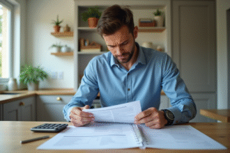 Homme d'une trentaine analysant des papiers de prêt immobilier