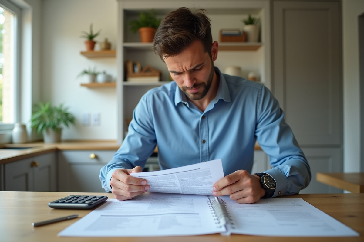 Homme d'une trentaine analysant des papiers de prêt immobilier