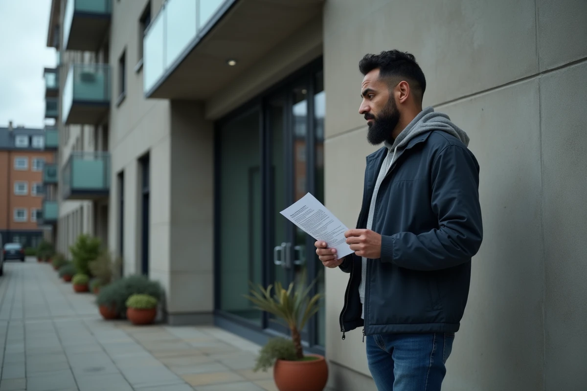 Homme tenant une lettre d'attribution de logement devant un immeuble de logement social en milieu urbain