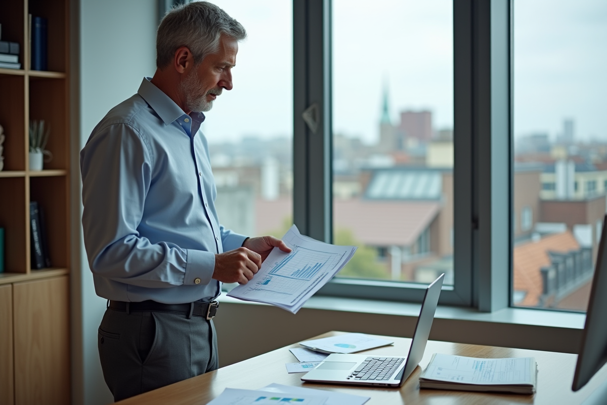 Homme analysant des rapports financiers dans un bureau en ville