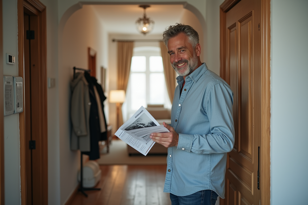 Homme souriant avec clés et brochures d