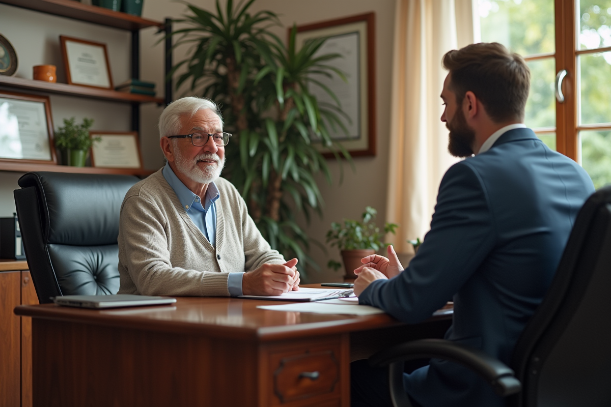 Homme âgé discute avec un agent d