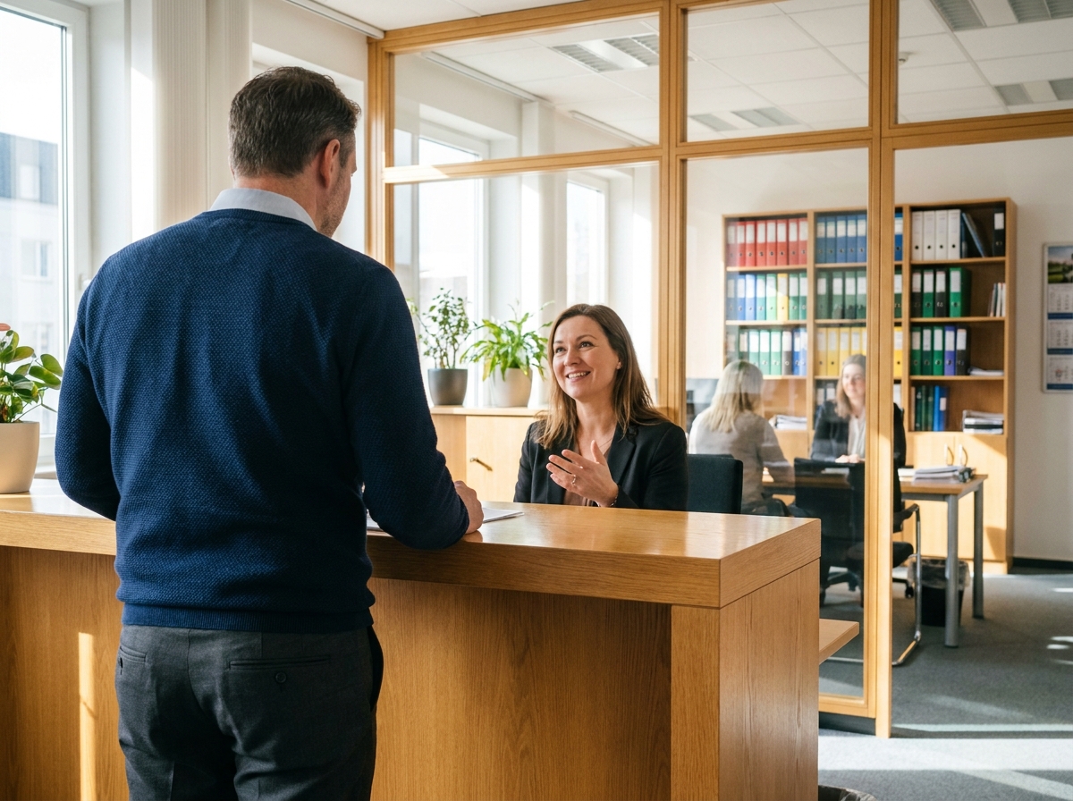 Homme discutant avec un conseiller bancaire dans un bureau lumineux