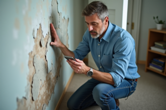 Homme en jeans et chemise bleue documentant un mur humide