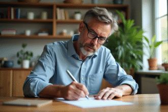 Homme d'âge moyen remplissant des papiers à la maison