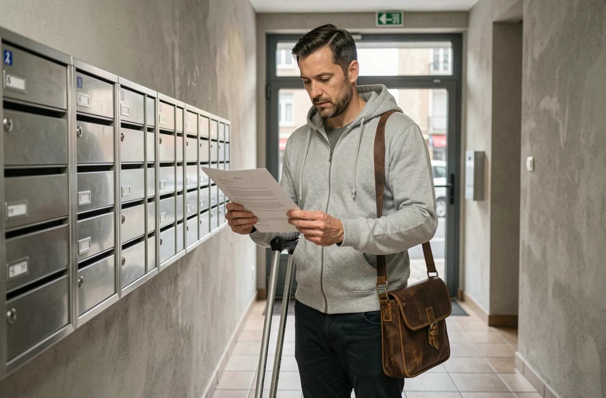 Homme en situation de handicap lisant un courrier administratif dans le couloir de son immeuble