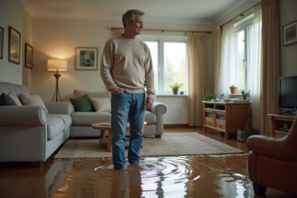 Homme d'âge moyen dans son salon inondé regardant les meubles mouillés