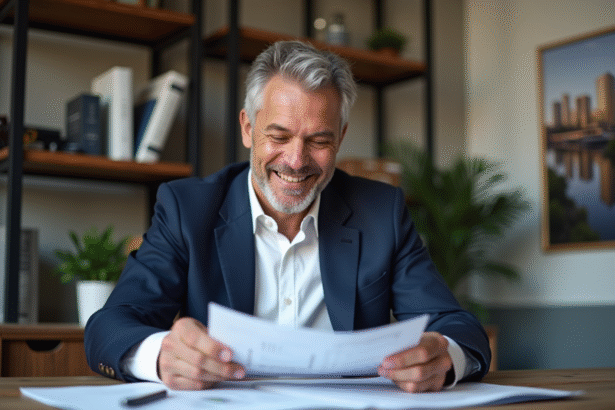 Homme d'âge moyen souriant en blazer blanc pour article immobilier