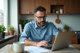 Homme en bleu étudiant des documents de prêt immobilier à la maison
