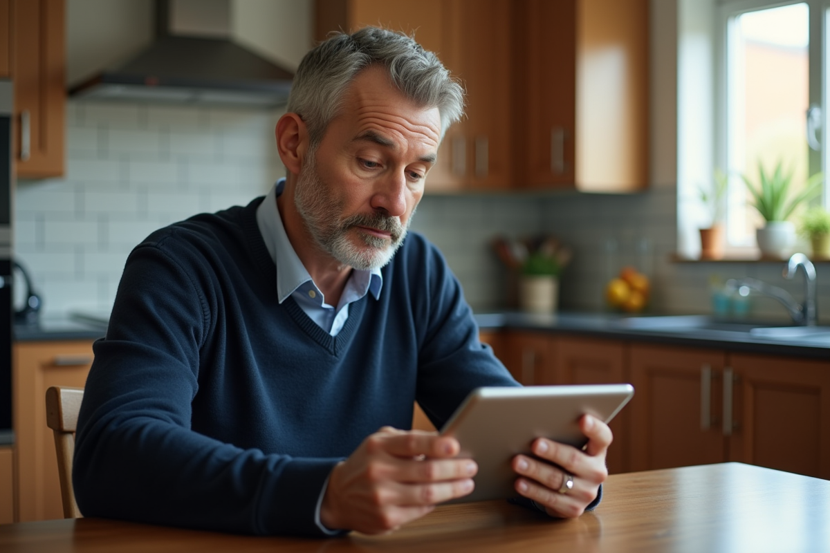 Homme comparant des avis en ligne sur sa tablette à la maison